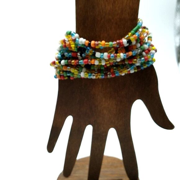 Glass Beaded Stretch Bracelet 14 Strand Wood Buckle Multi-colored - Picture 2 of 14